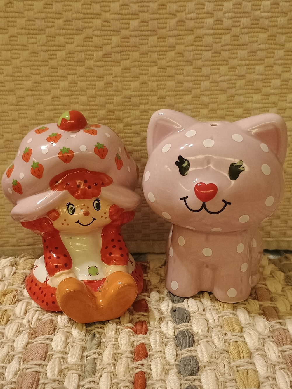 Pink Polka Dot Ceramic Cat Salt and Strawberry Girl Pepper Shaker Set